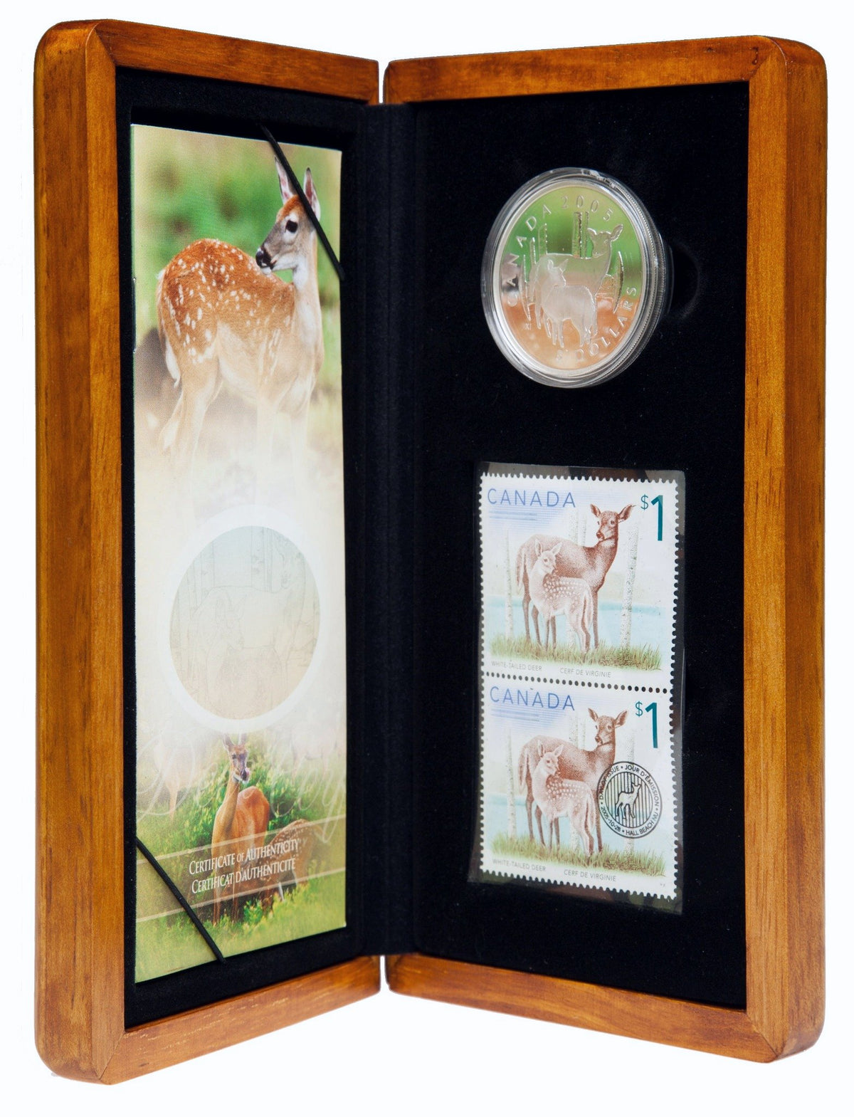 2005 Canada $5 White-Tailed Deer Silver Coin & Stamp Set RXDP — Obverse