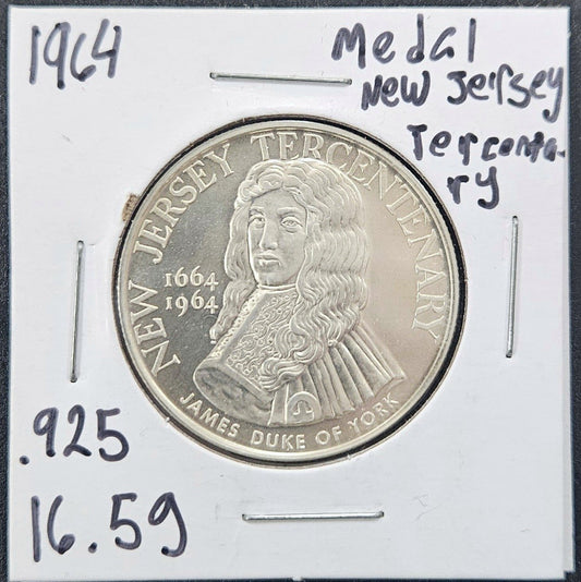 1964 New Jersey Tercentenary Medal.925 Sterling Silver 16.5 Grams PH3N — Obverse