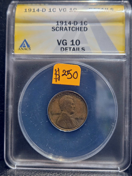 1914-D Lincoln Wheat Cent 1C ANACS VG-10 Details (Scratched) 1826.DA10-7800390 — Obverse