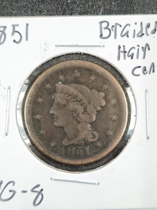 1851 Braided Hair Cent VG-8 — Obverse
