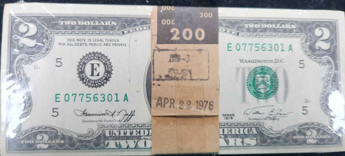 1976 $2 Federal Reserve Note Bundle Of 100 — First Day Of Issue Bank Stamped, Original Bank Seal (APR 22 1976) 8ABS — Obverse