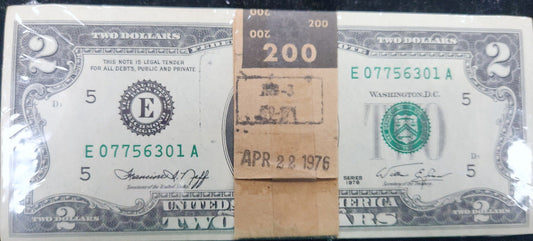1976 $2 Federal Reserve Note Bundle Of 100 — First Day Of Issue Bank Stamped, Original Bank Seal (APR 22 1976) 8ABS — Obverse