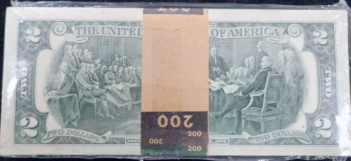1976 $2 Federal Reserve Note Bundle Of 100 — First Day Of Issue Bank Stamped, Original Bank Seal (APR 22 1976) 8ABS — Reverse