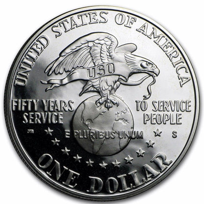 1991-S United Service Organizations (USO) 50th Anniversary Silver Dollar Proof OGP 10471.OGP — Holder