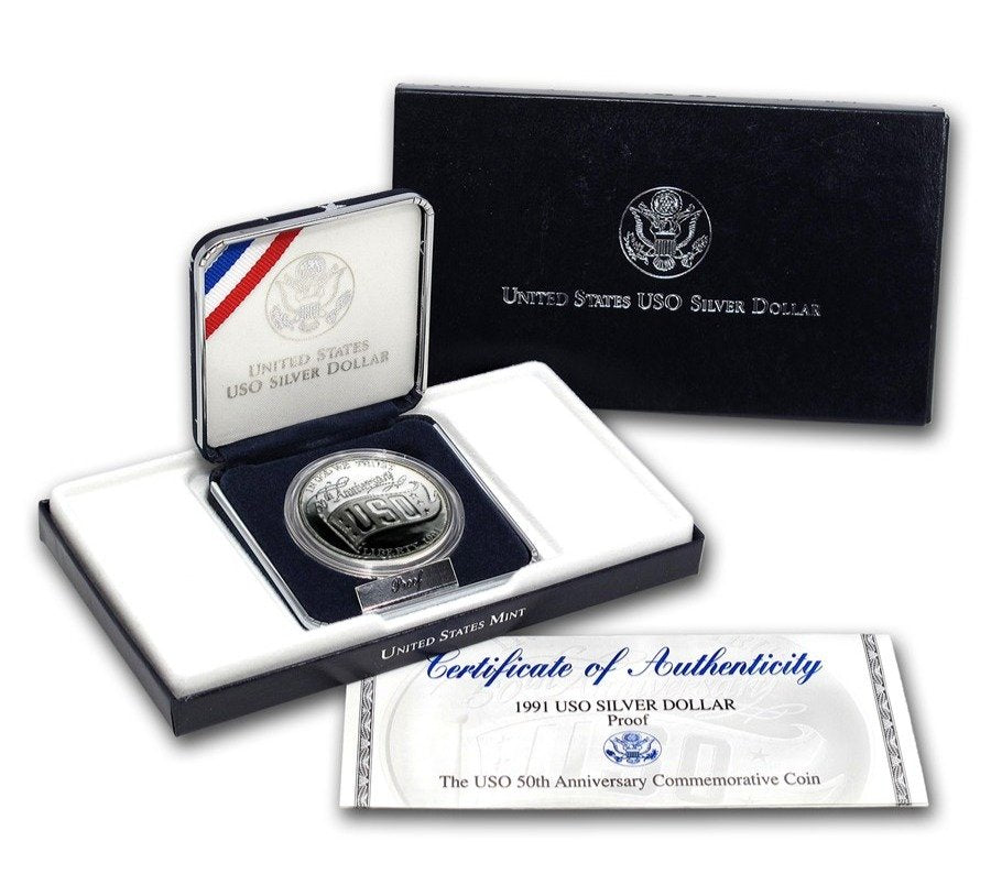 1991-S United Service Organizations (USO) 50th Anniversary Silver Dollar Proof OGP 10471.OGP — Obverse