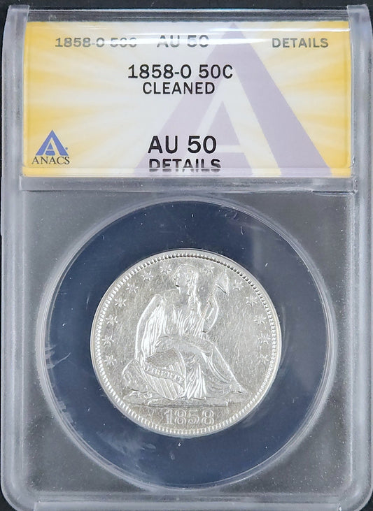 1858-O Seated Liberty Half Dollar – ANACS AU 50 Details (Cleaned) RCVS — Obverse