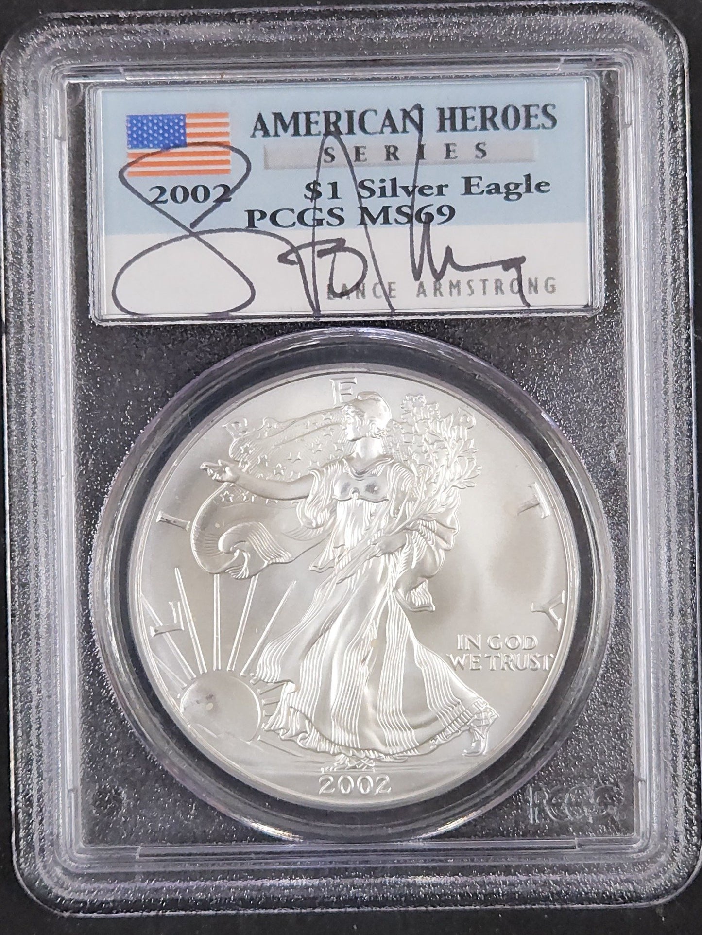Lance Armstrong 2002 $1 Silver Eagle PCGS MS69 V6VC — Obverse