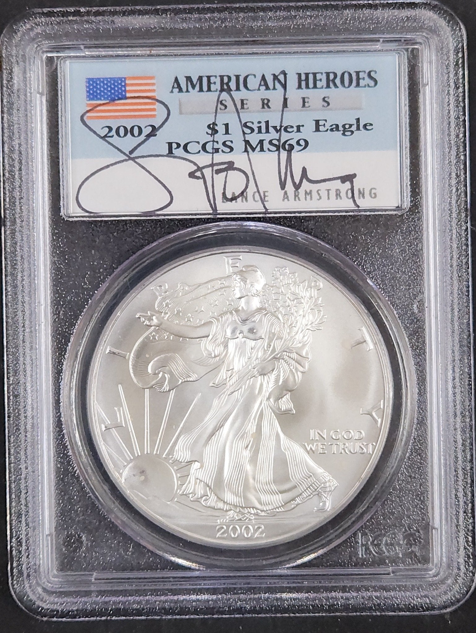 Lance Armstrong 2002 $1 Silver Eagle PCGS MS69 V6VC — Obverse