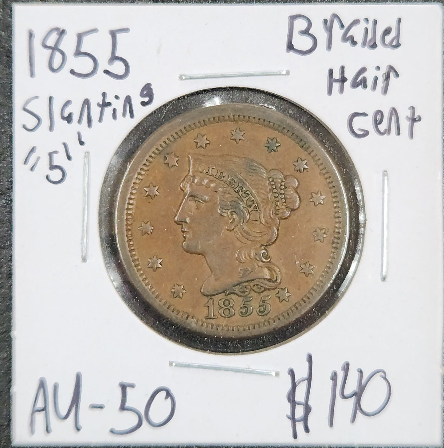 1855 Braided Hair Cent Slanting "5"AU-50 1183.50 — Obverse