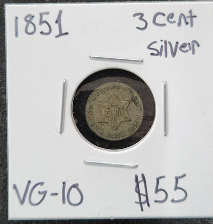 1851 3 Cent Silver VG-10 — Obverse