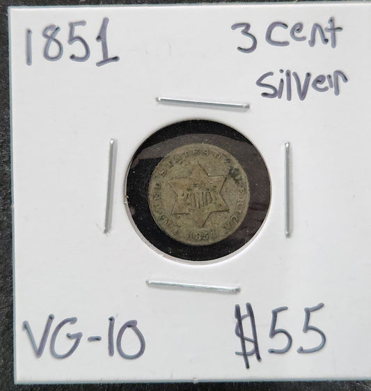 1851 3 Cent Silver VG-10 — Obverse
