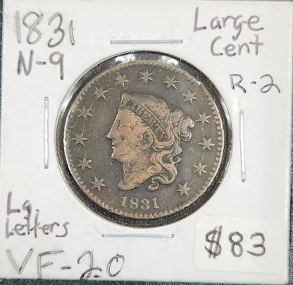 1831 Large Cent Large Leters N-9 R-2 VF-20 80554.20-A — Obverse