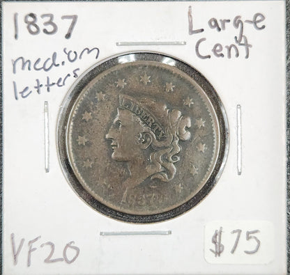 1837 Large Cent Medium Letters VF-20 1036.20-A — Obverse