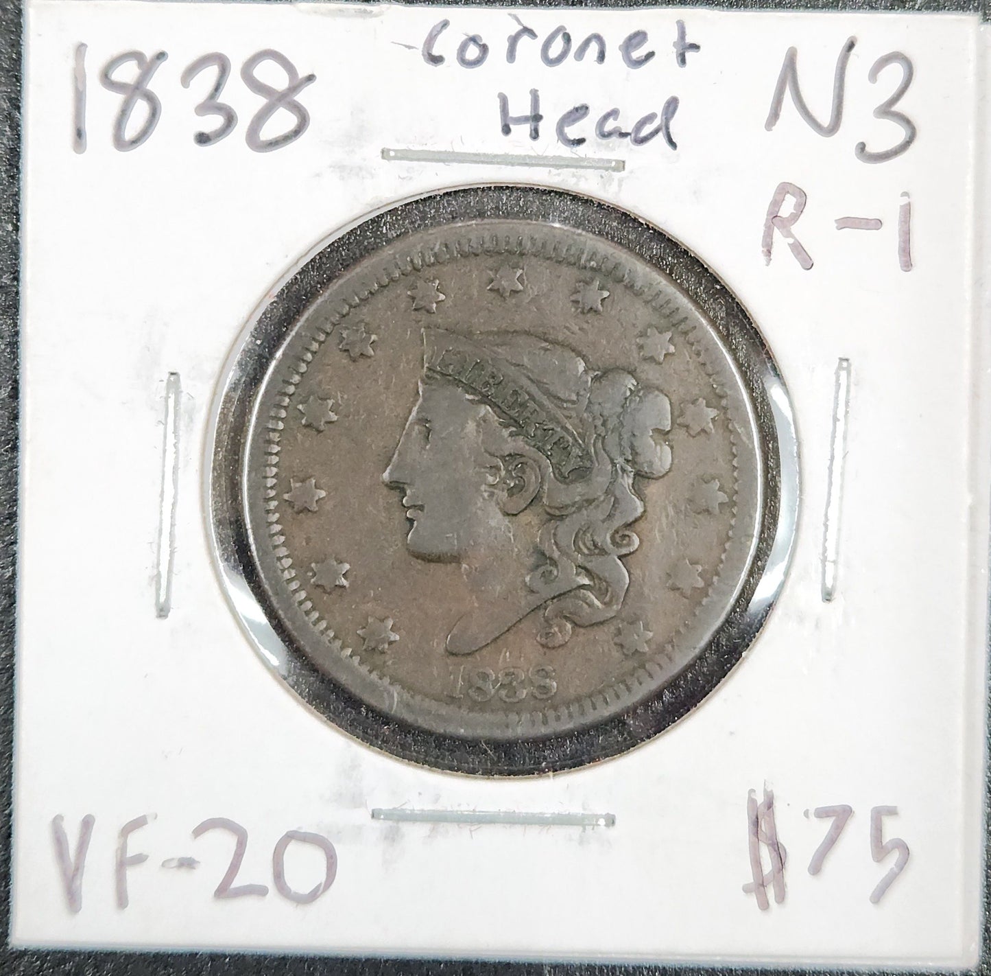 1838 Coronet Head Cent N-3 R-1 VF-20 80743.20-A — Obverse