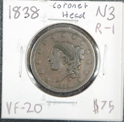 1838 Coronet Head Cent N-3 R-1 VF-20 80743.20-A — Obverse