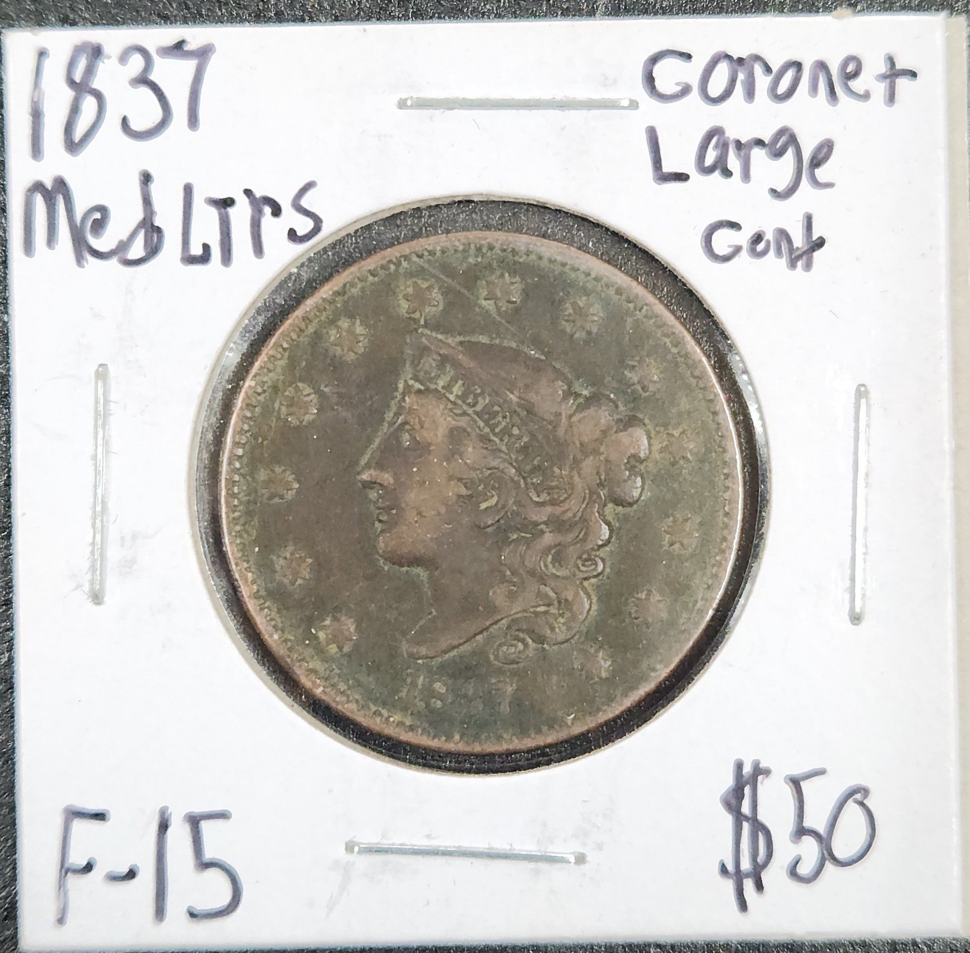 1837 Coronet Head Large Cent Medium Letters F-15 1036.15-A — Obverse