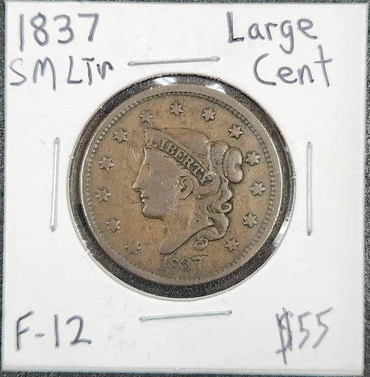 1837 Large Cent Small Letters F-12 1033.12-A — Obverse