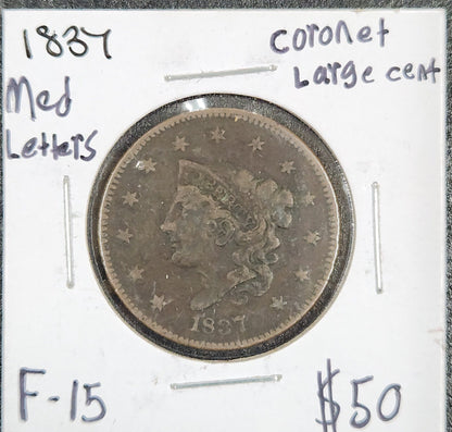 1837 Coronet Head Large Cent Medium Letters F-15 1036.15-B — Obverse