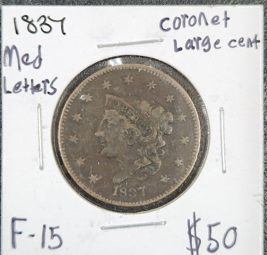 1837 Coronet Head Large Cent Medium Letters F-15 1036.15-B — Obverse