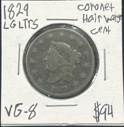 1829 Coronet head cent Lg Ltr Vg-8 955.8 — Obverse