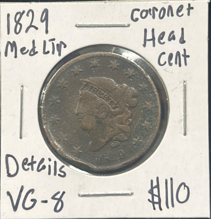 1829 Coronet Head Cent Med Ltr DVG8 958.D8 — Obverse