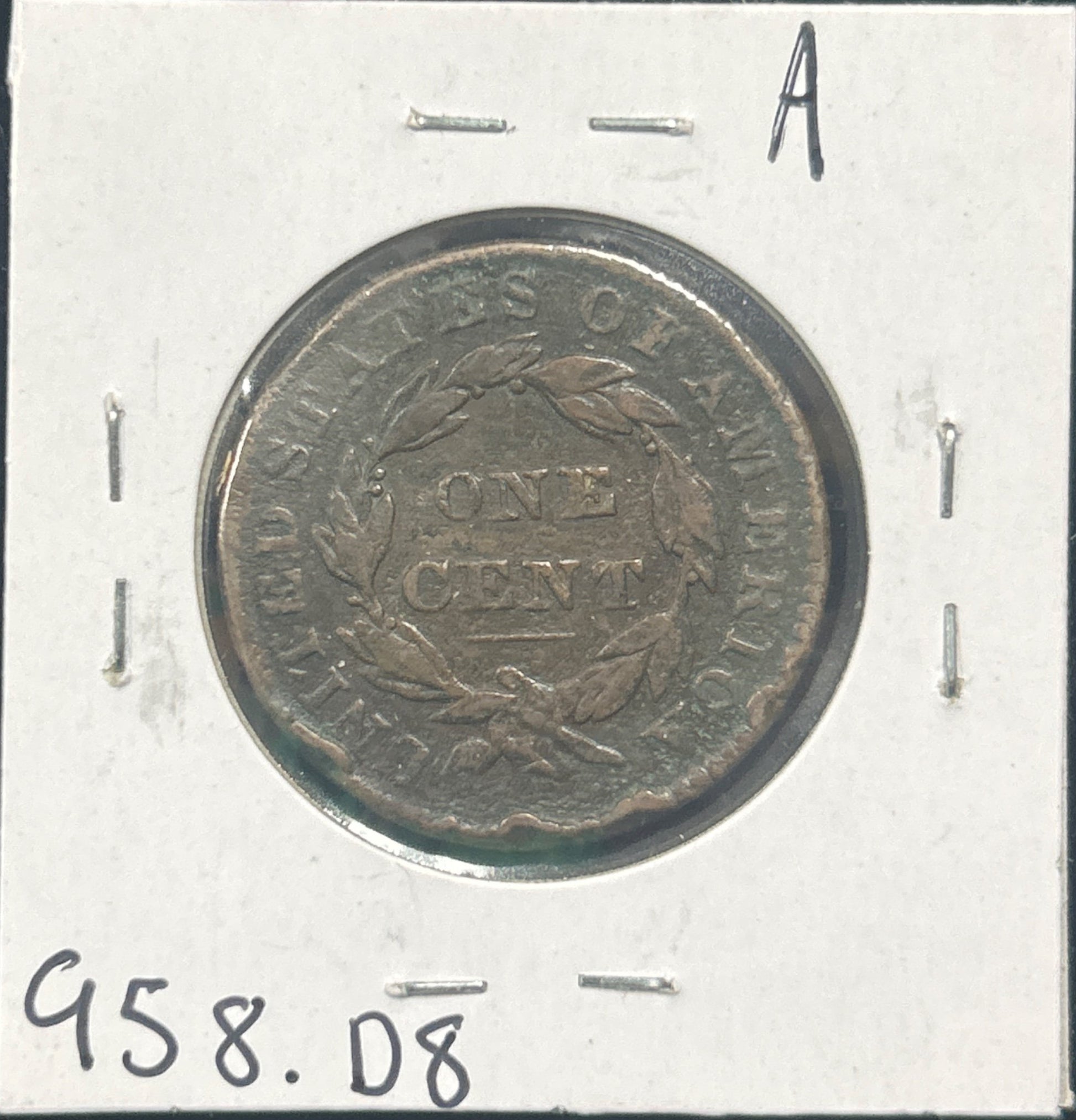 1829 Coronet Head Cent Med Ltr DVG8 958.D8 — Reverse