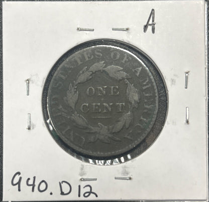 1827 Coronet head cent D12 940.D12 — Reverse