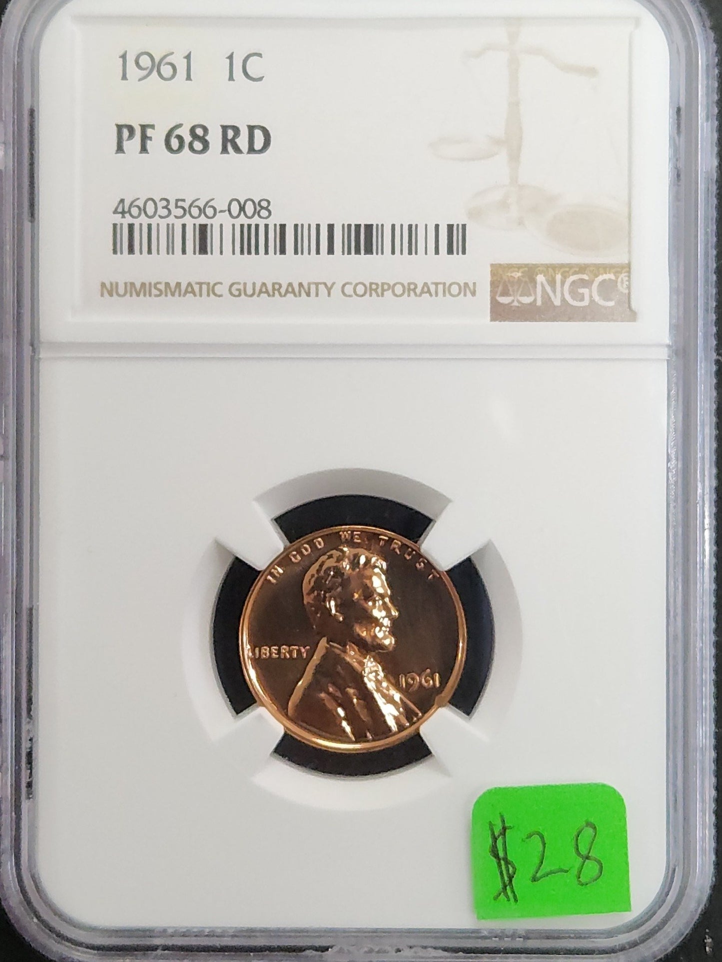 1961 Lincoln Cent Proof 68 RD 4603566-008 — Obverse