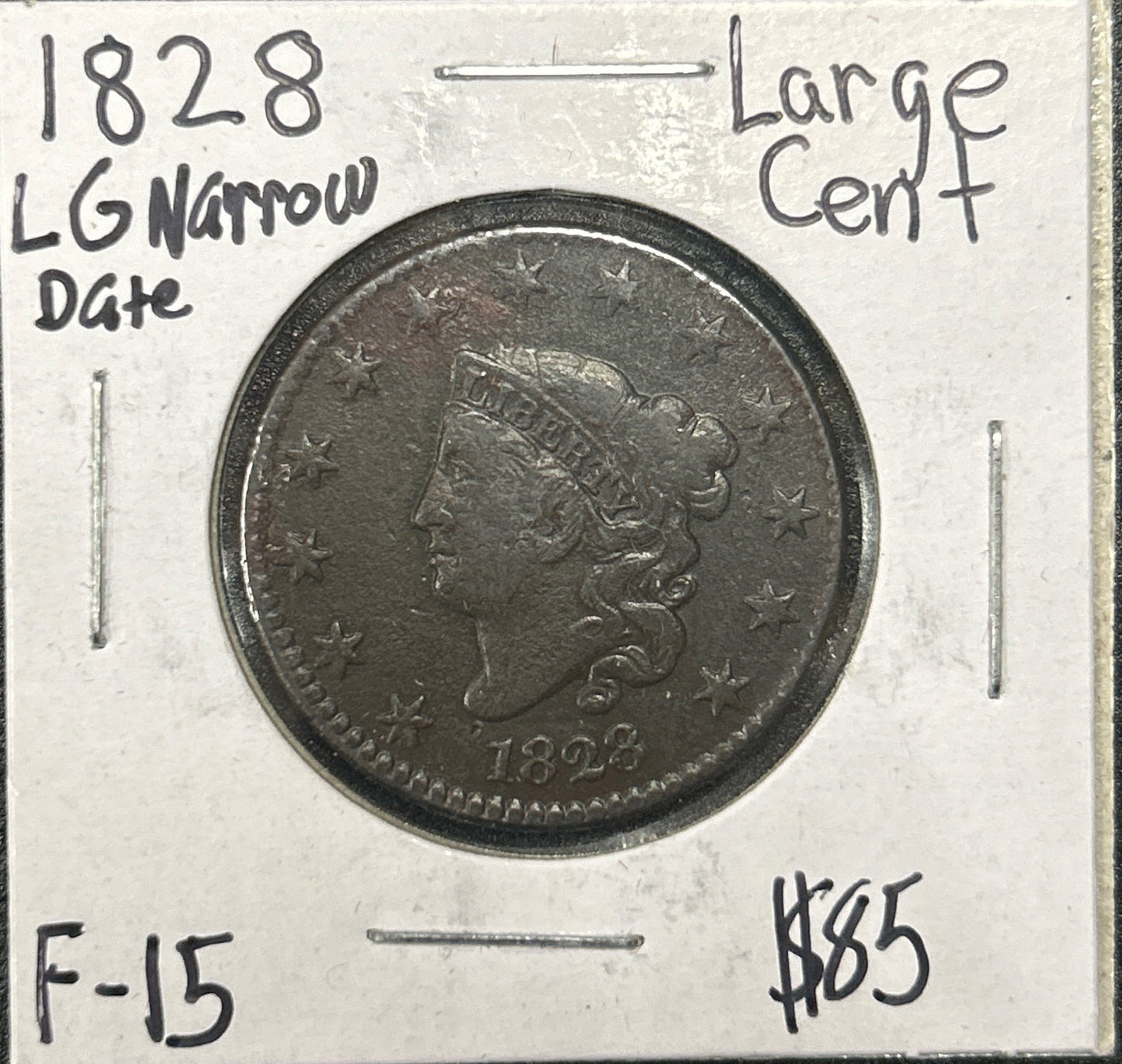 1828 Coronet head cent Lg Narrow Date F-15 946.15 — Obverse