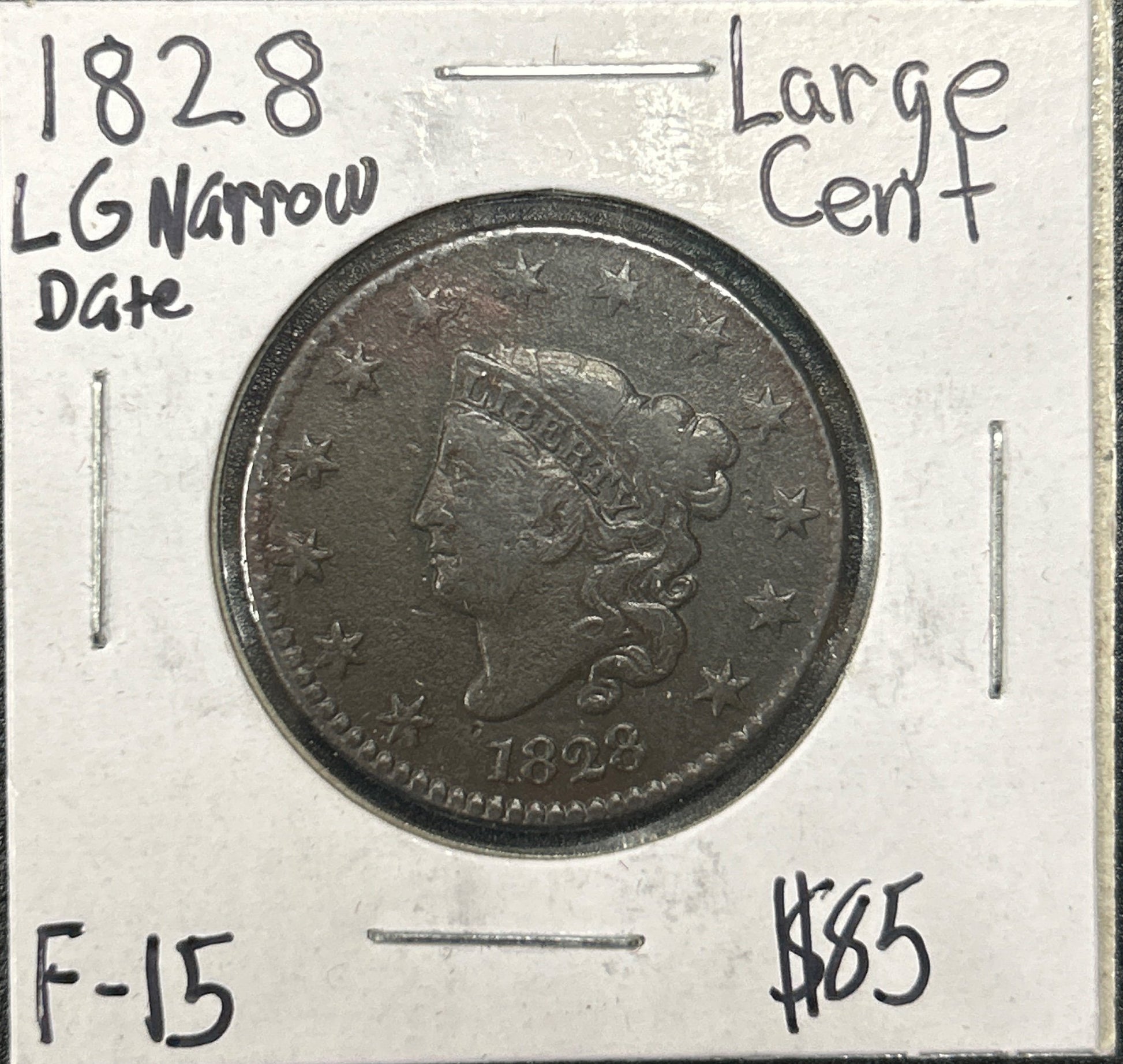 1828 Coronet head cent Lg Narrow Date F-15 946.15 — Obverse