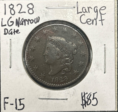1828 Coronet head cent Lg Narrow Date F-15 946.15 — Obverse