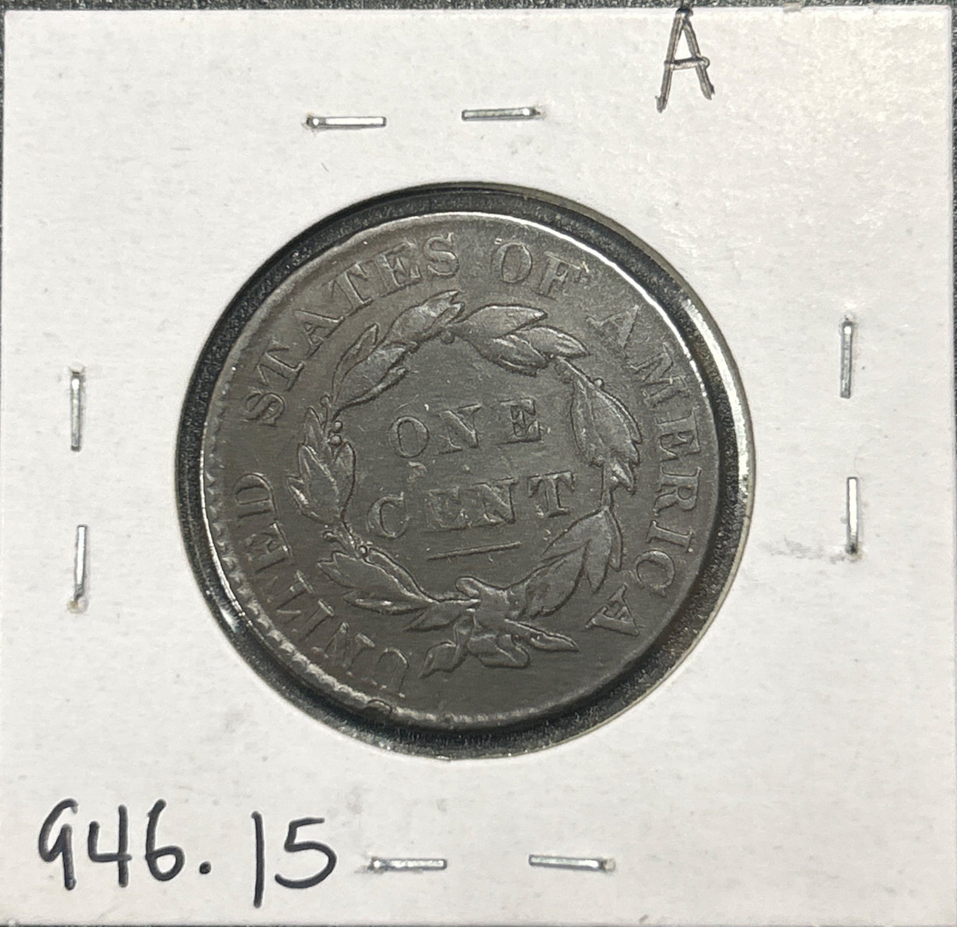 1828 Coronet head cent Lg Narrow Date F-15 946.15 — Reverse