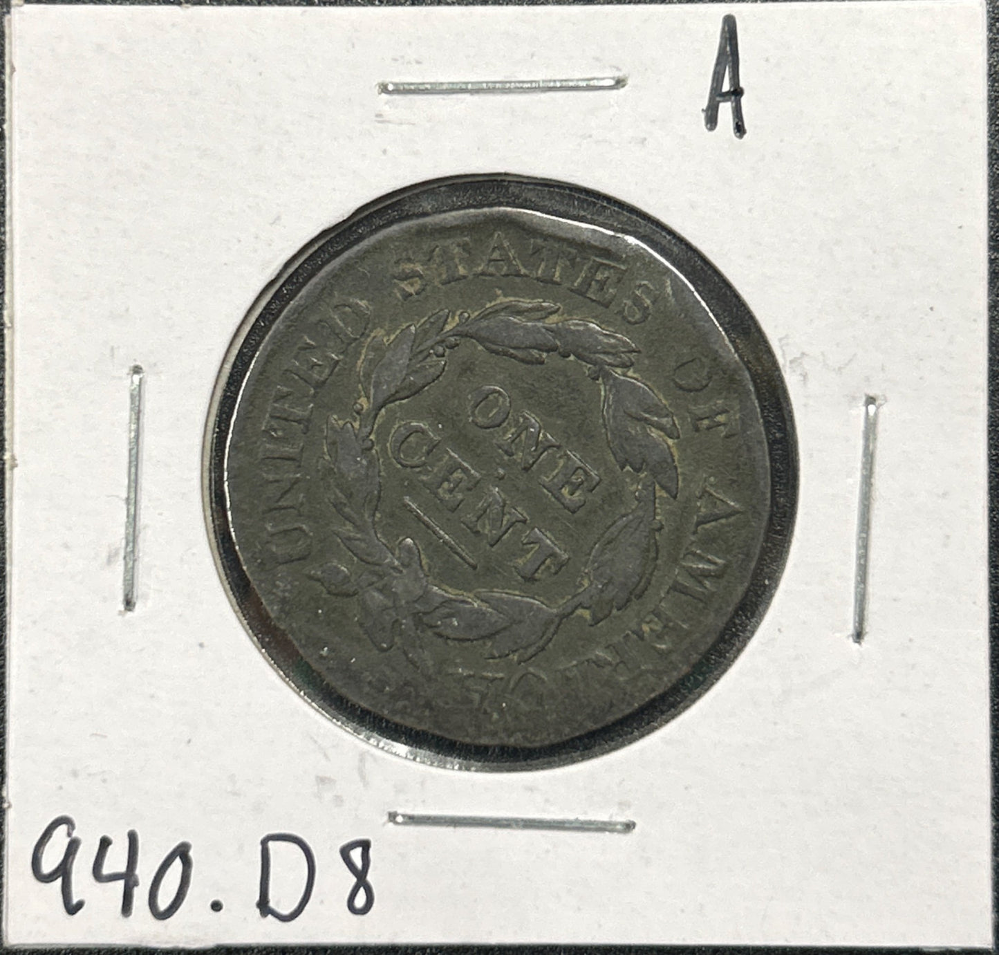 1827 Coronet head cent DVG-8 940.D8 — Reverse