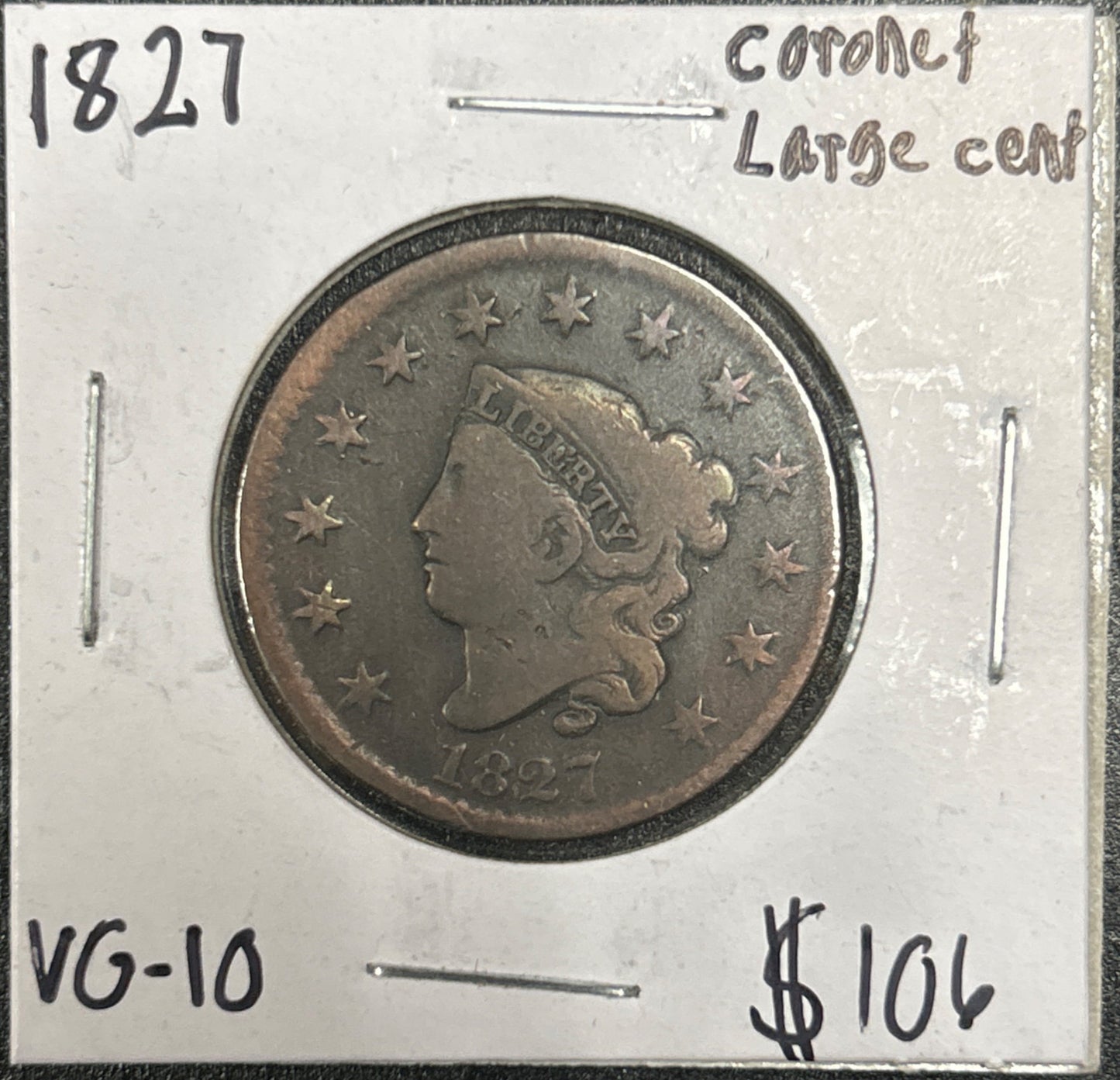 1827 Coronet head cent VG-10 940.10 — Obverse