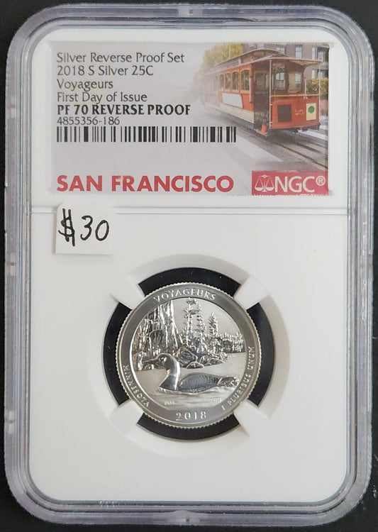 2018 S Silver Quarter Voyageurs Proof 70 Reverse Proof First Day of Issue 4855356-186 — Obverse