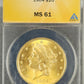 1904 $20 Gold Liberty ANACS MS61 — Obverse
