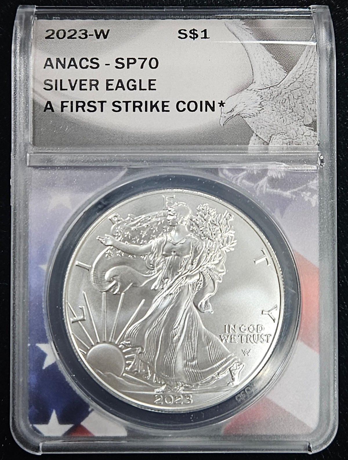 2023-W Silver Eagle Burnished ANACS SP70 First Strike — Obverse
