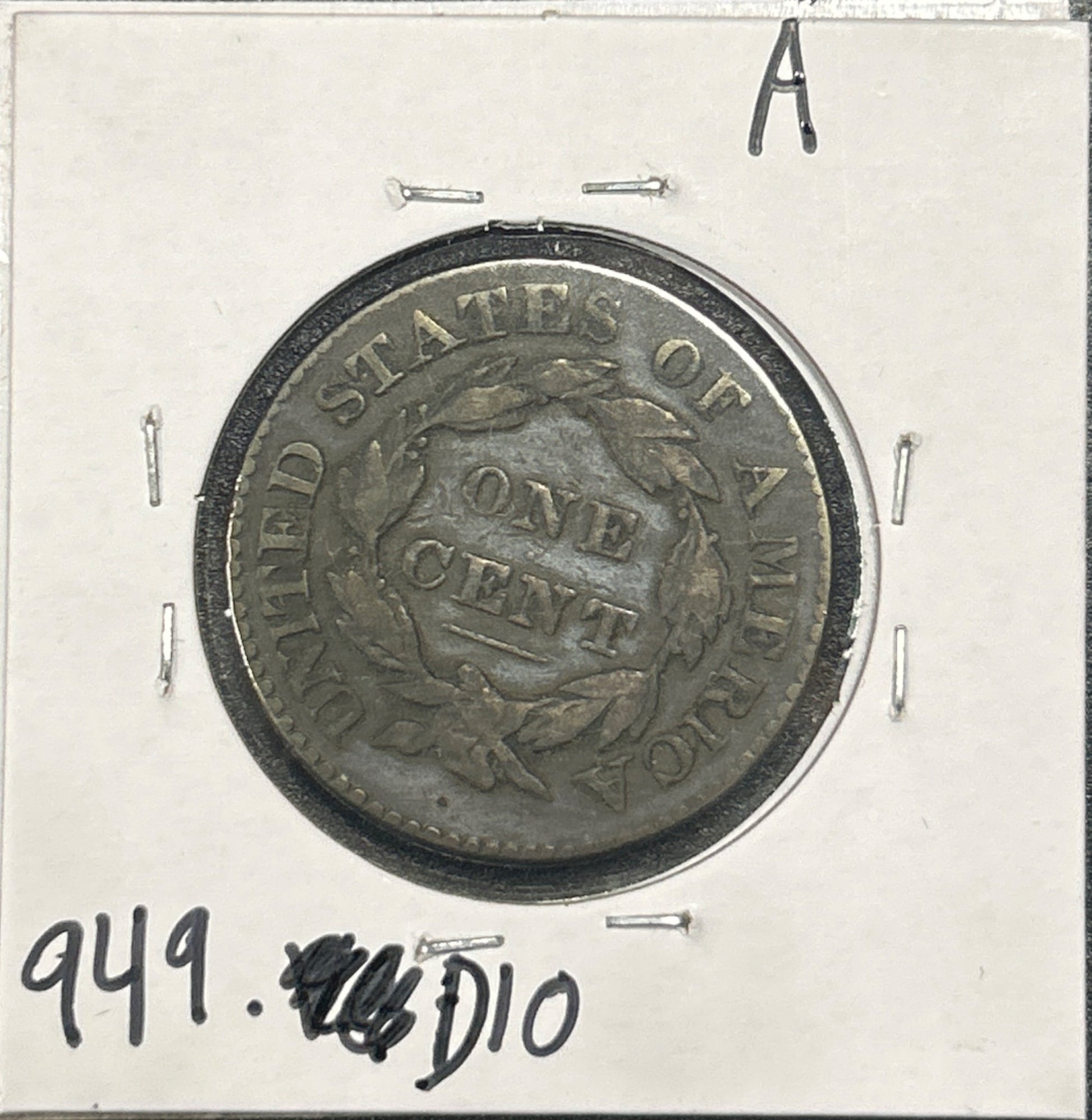 1828 Sm Wide Date Coronet head cent DVG-10 949.D10 — Reverse