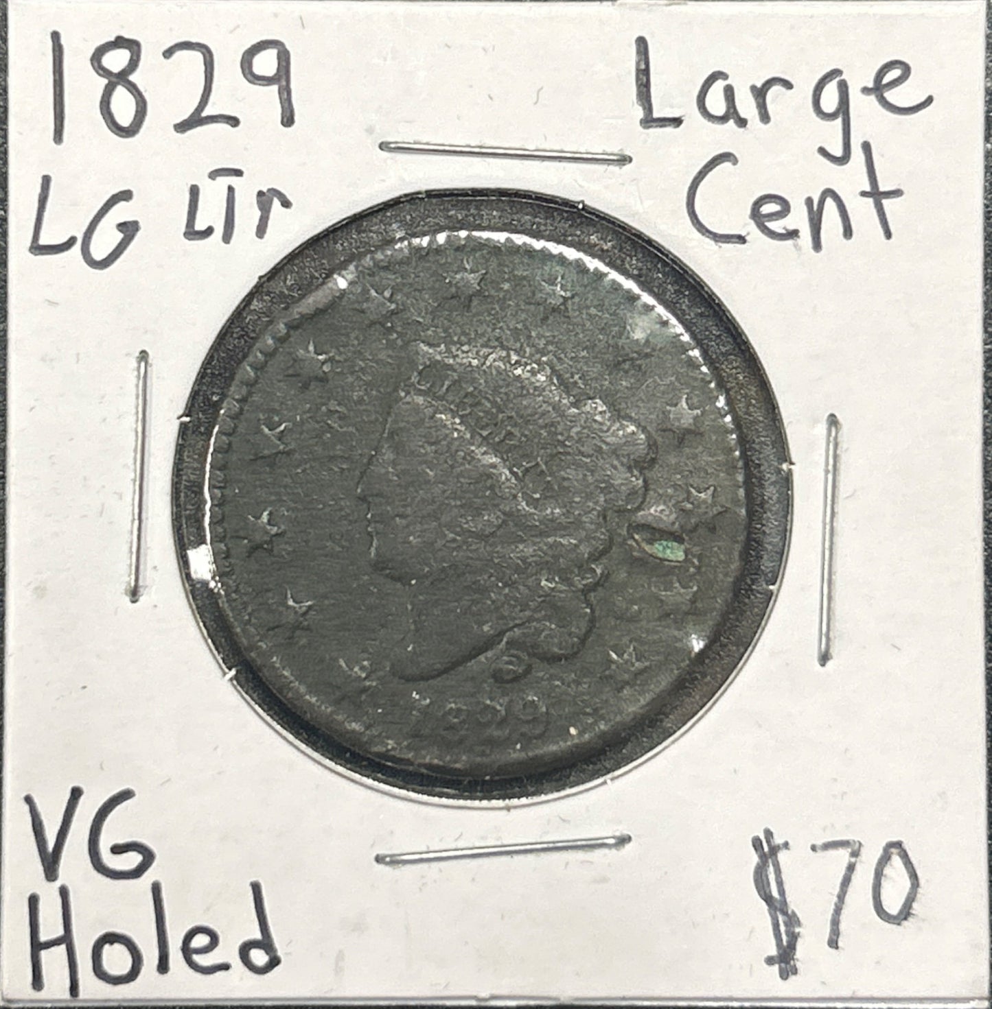 1829 Lg Ltr Coronet head cent DVG-10 955.D8 — Obverse