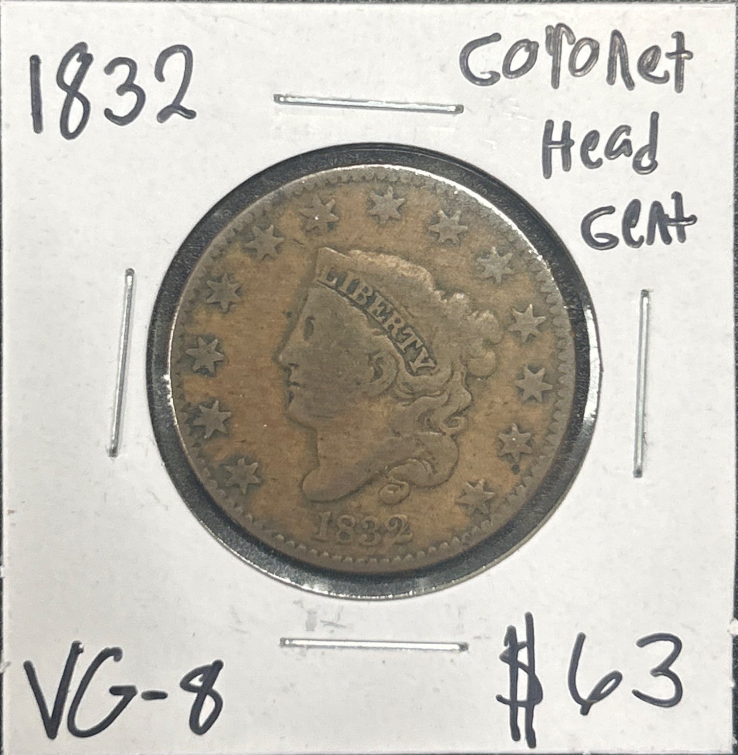 1832 Coronet head cent VG-8 985.8 — Obverse