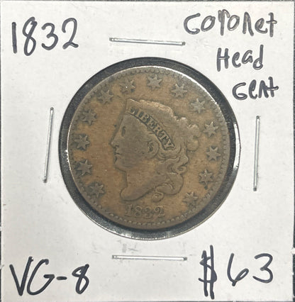 1832 Coronet head cent VG-8 985.8 — Obverse