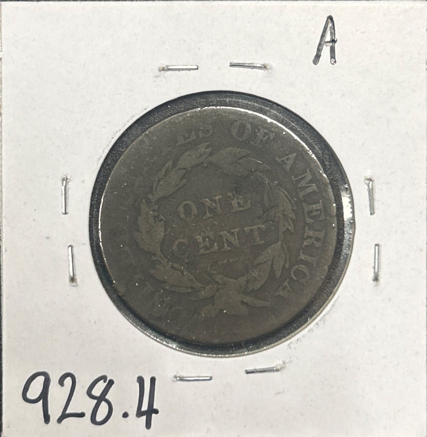 1825 Coronet head cent G-4 928.4 — Reverse