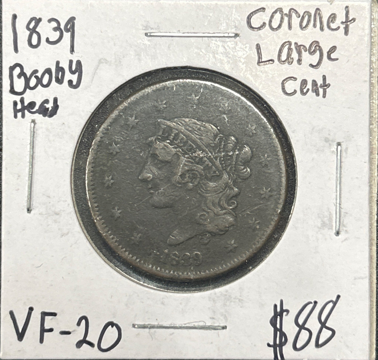 1839 Booby head Coronet head cent VF-20 1054.20 — Obverse