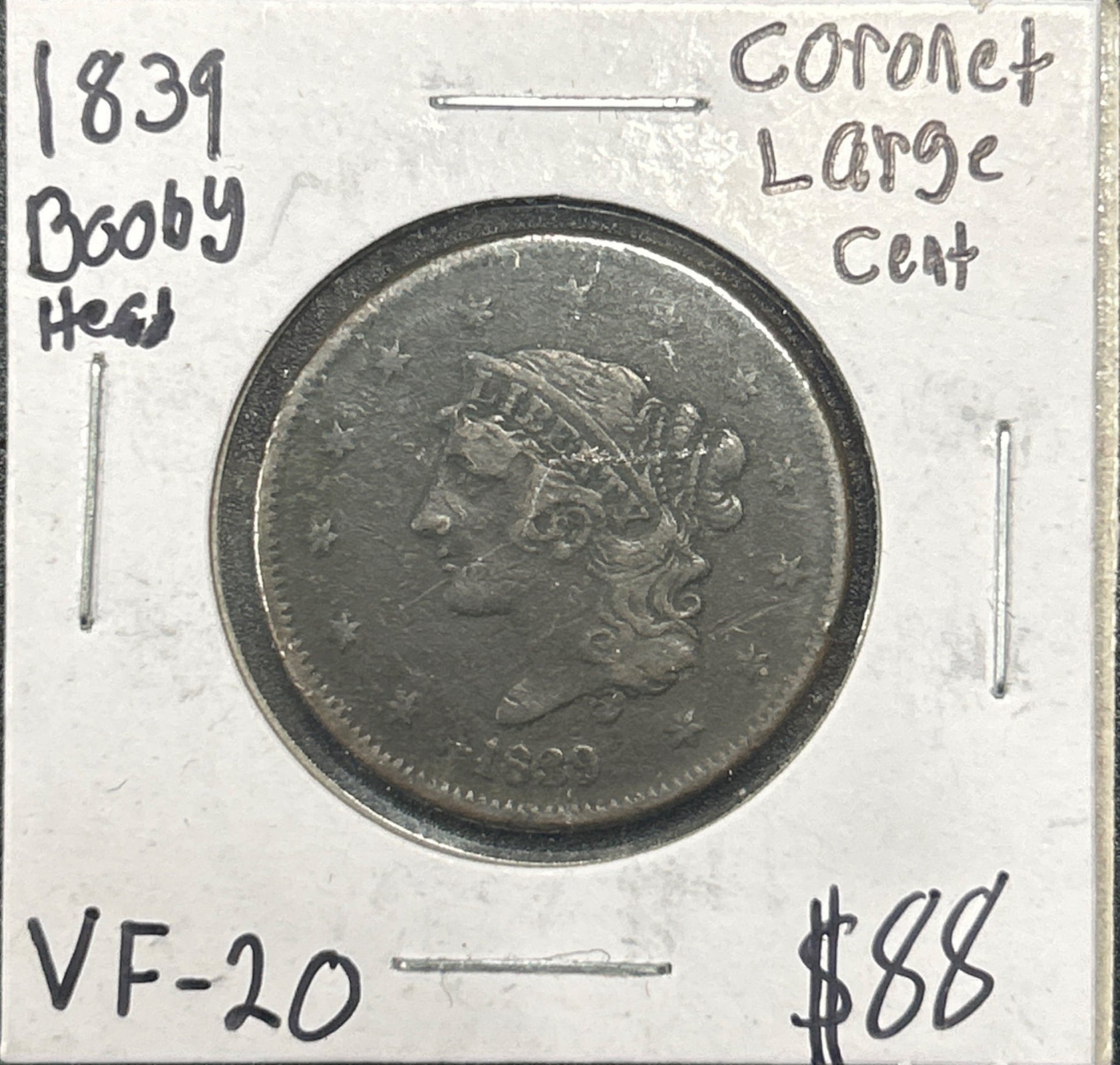 1839 Booby head Coronet head cent VF-20 1054.20 — Obverse