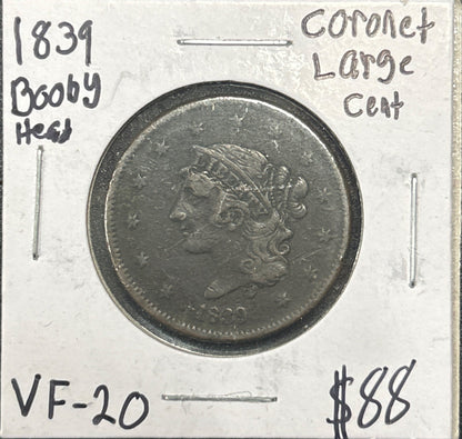 1839 Booby head Coronet head cent VF-20 1054.20 — Obverse