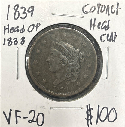 1839 Head of 1838 Coronet head cent VF-20 1048.20 — Obverse
