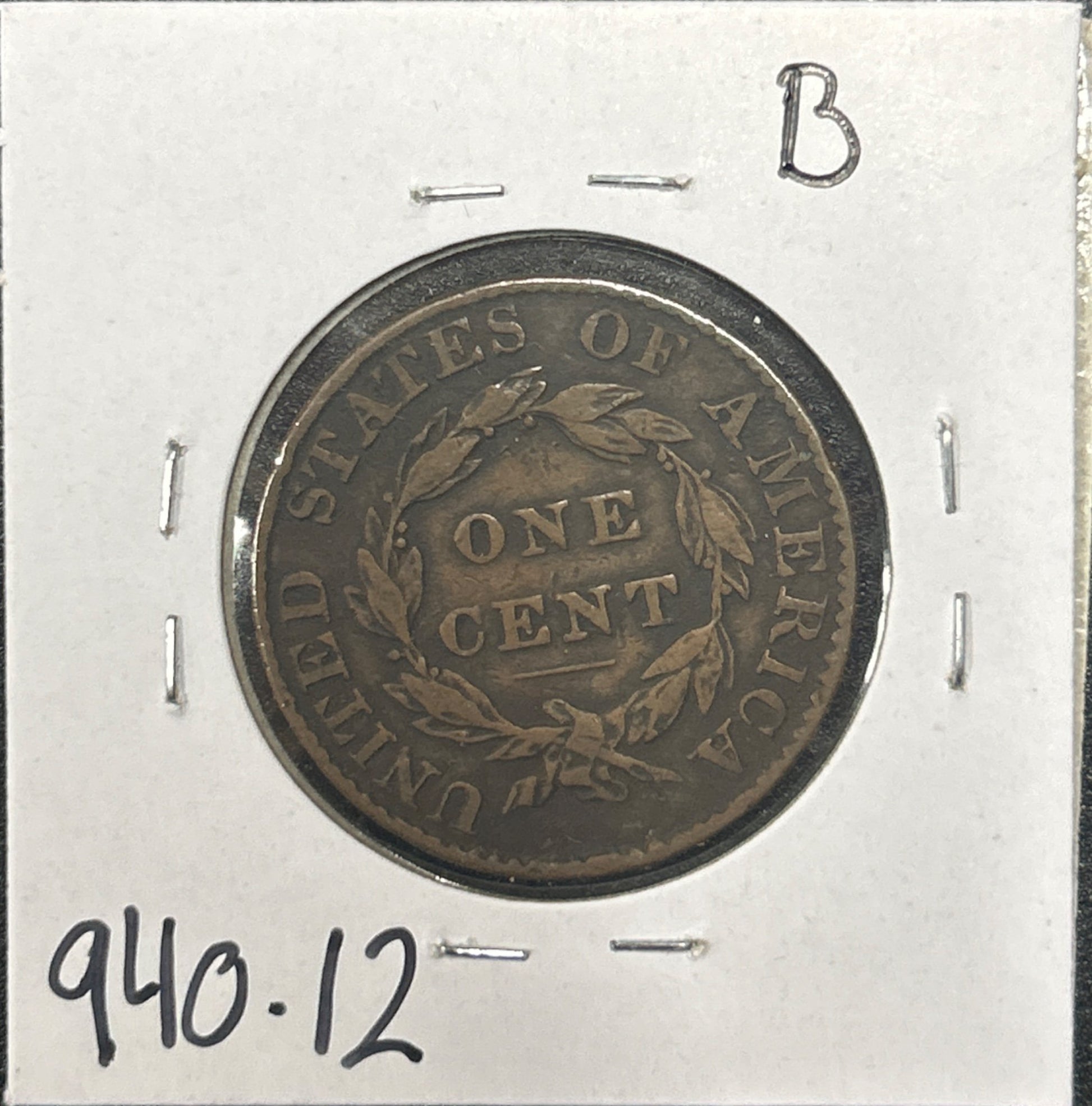1827 Coronet head cent F-12 940.12 — Reverse