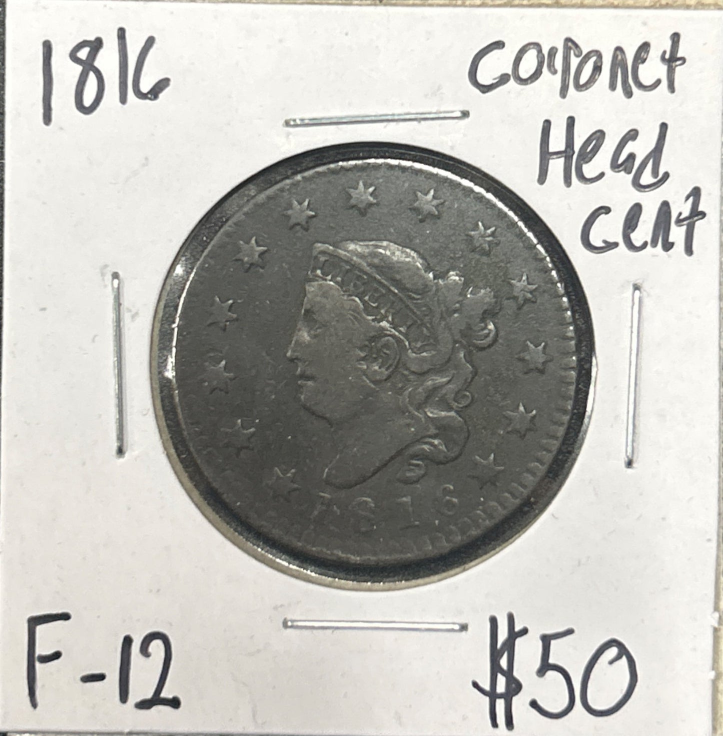 1816 Coronet head cent F-12 870.12 — Obverse