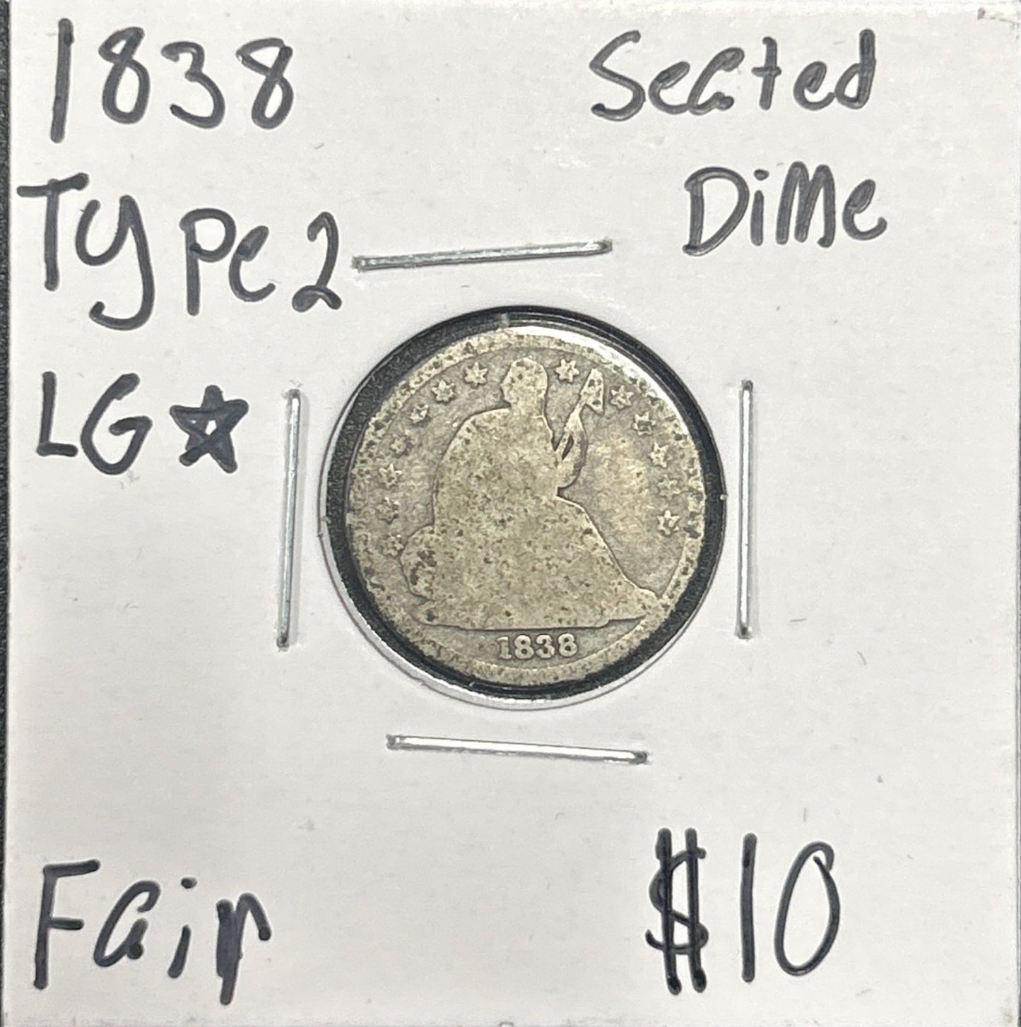 1838 Lg Star Seated dime DF-2 4026.D2 — Obverse