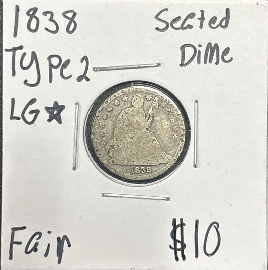 1838 Lg Star Seated dime DF-2 4026.D2 — Obverse